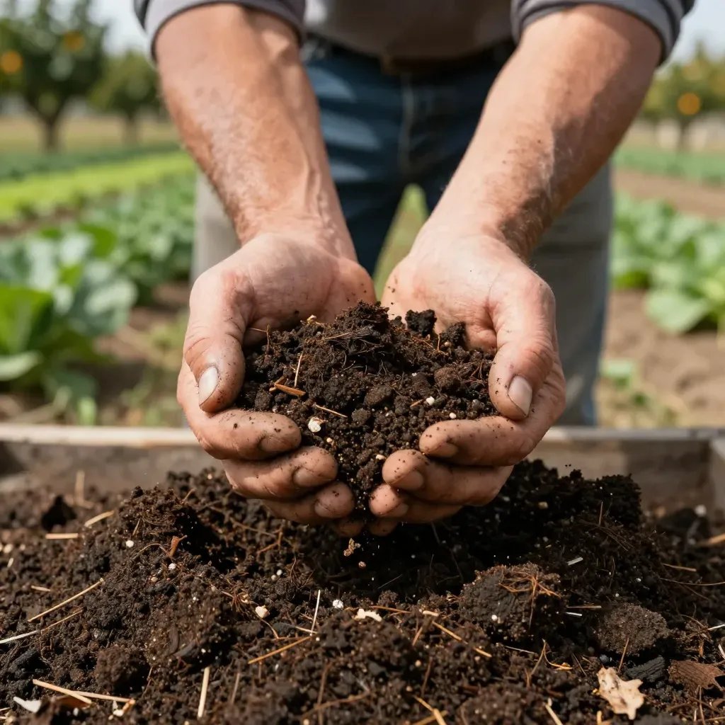 Compost Vegetal de Tierra Fértil SpA en las manos de un agricultor